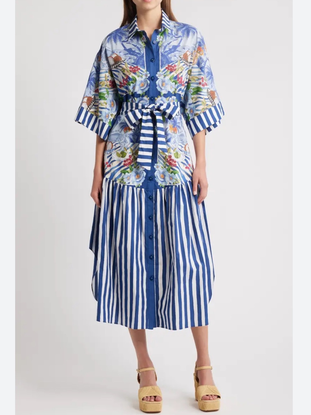 FARM Rio Blue and White Striped Floral-Panel Midi Dress